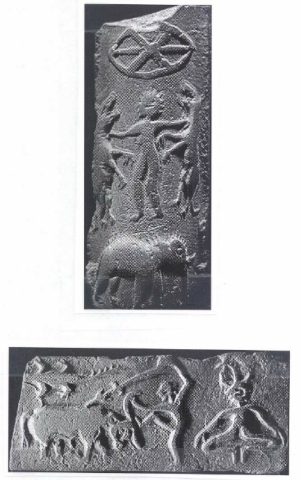 Two-sides-of-a-molded-tablet-showing-the-goddess-battling-tiger-demons-and-killing-the~0